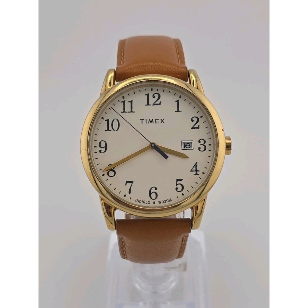 Timex Easy Reader Watch Men 38mm Indiglo Gold Tone Date Leather New Battery